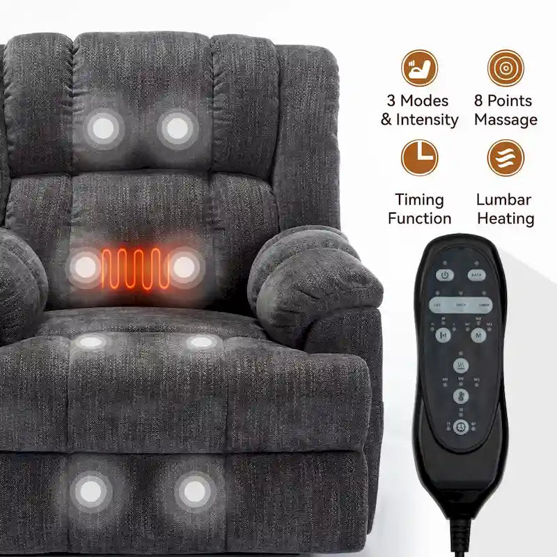 Grey Oversized Chenille Power Lift Recliner with Massage, Heating, and Flat Lay Feature