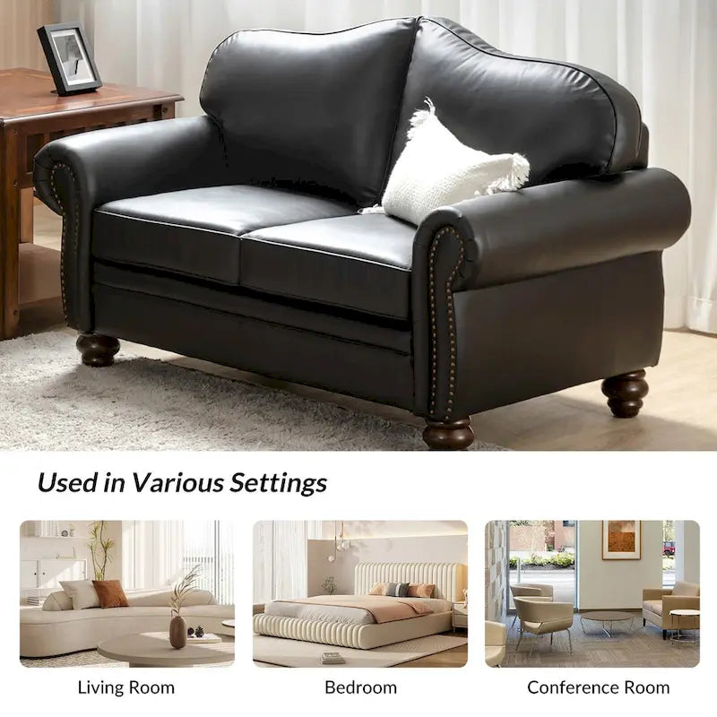 Leather Loveseat Sofa with Rolled Arms and Nailhead Trim