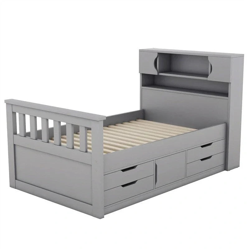 Twin/Full Size Captain Platform Bed with 4 Drawers and Storage Shelves, Solid Wood Bed Frame with Storage Bookcase Headboard