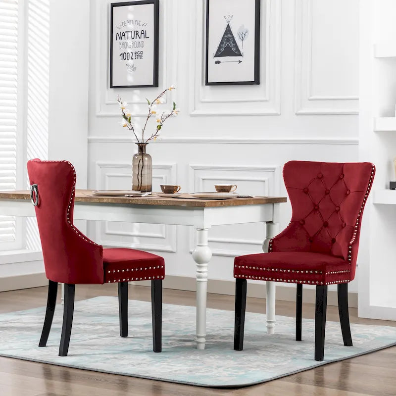 Set of 2 Grandview Tufted Upholstered Dining Chairs with Nailhead Trim and Ring Pull