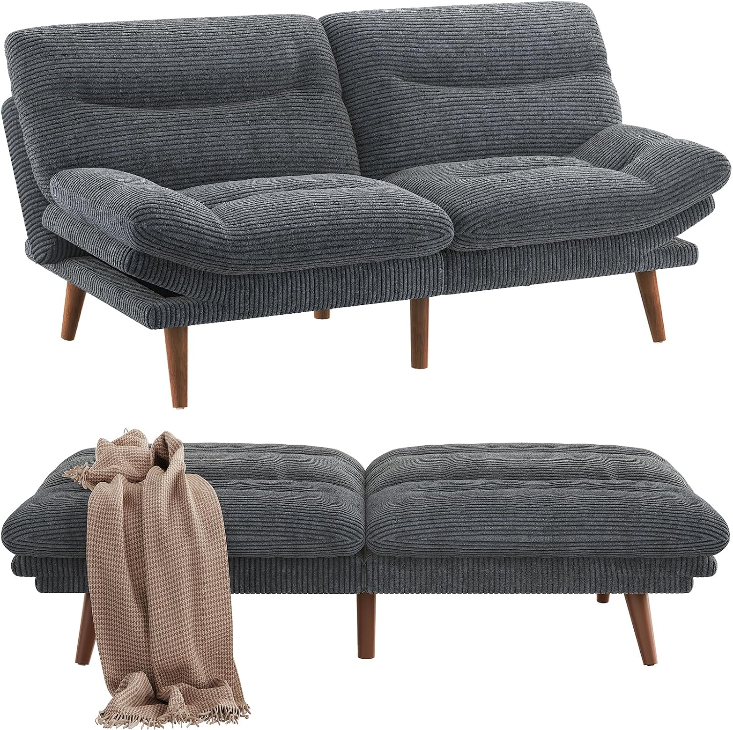 Pipishell Convertible Futon Sofa Bed,66" Corduroy Futon Couch with Adjustable Backrest and Armrests, Recliner Sleeper Sofa for Small Spaces, Play Room or Office, Grey