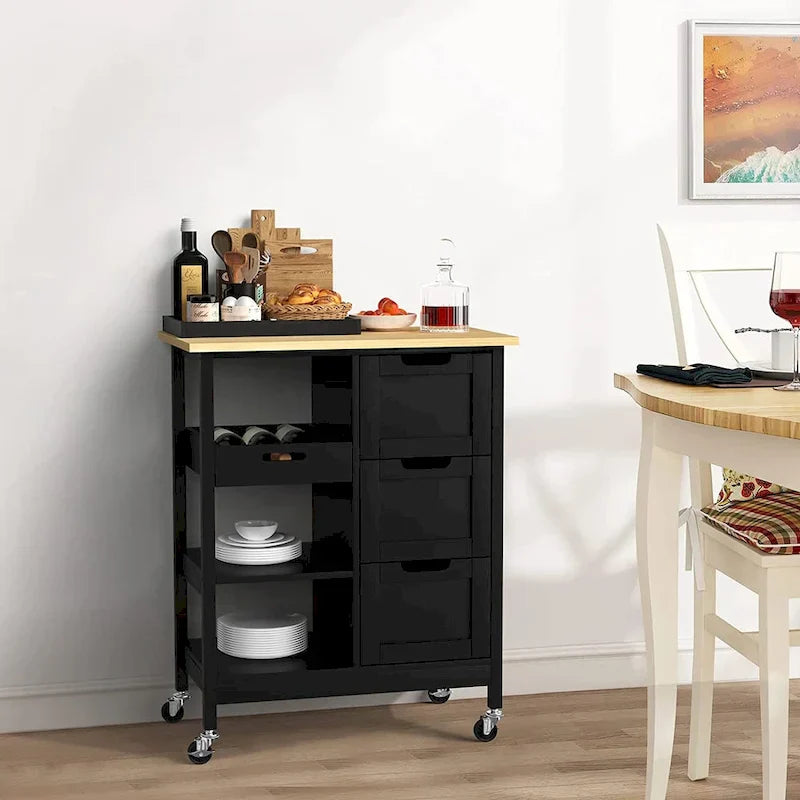 Kitchen Cart with Drawers Open Shelves and Wooden Top on Wheels