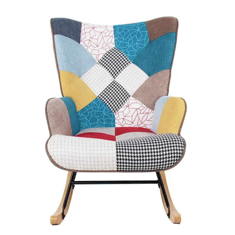 Mid-Century Patchwork Linen Rocking Chair with Wooden Legs