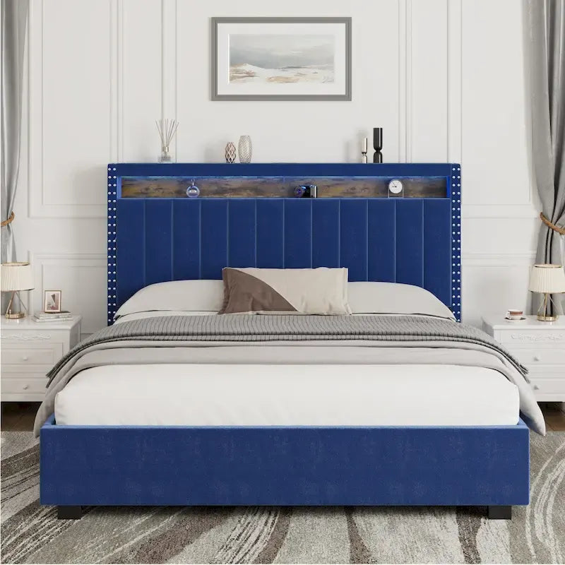 King Size Velvet Gas Lift Storage Bed with LED RF Lights and Storage Headboard