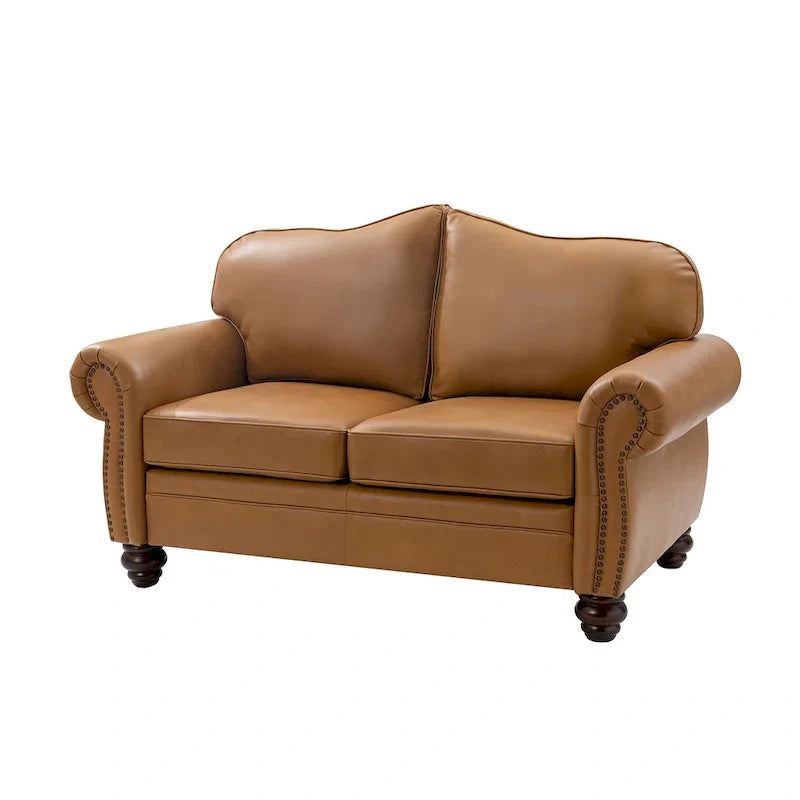 Leather Loveseat Sofa with Rolled Arms and Nailhead Trim