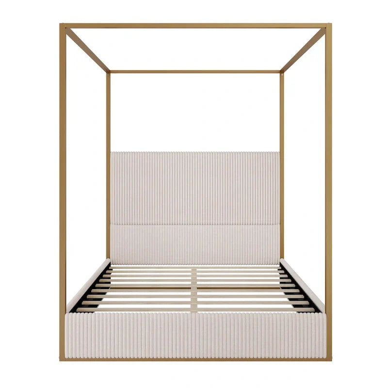 Metal Canopy Platform Bed with Vertical Stripe Upholstered Wingback Headboard - Four Poster, Low Profile Design