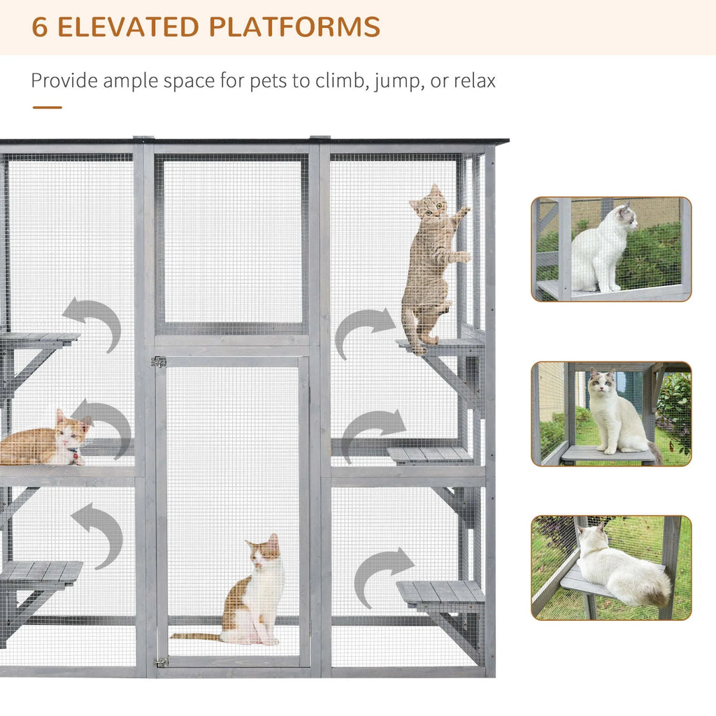 PawHut Wooden Catio Enclosure with Weather Protection, 6 Platforms, Outdoor, Large, 71" x 38.5" x 71"