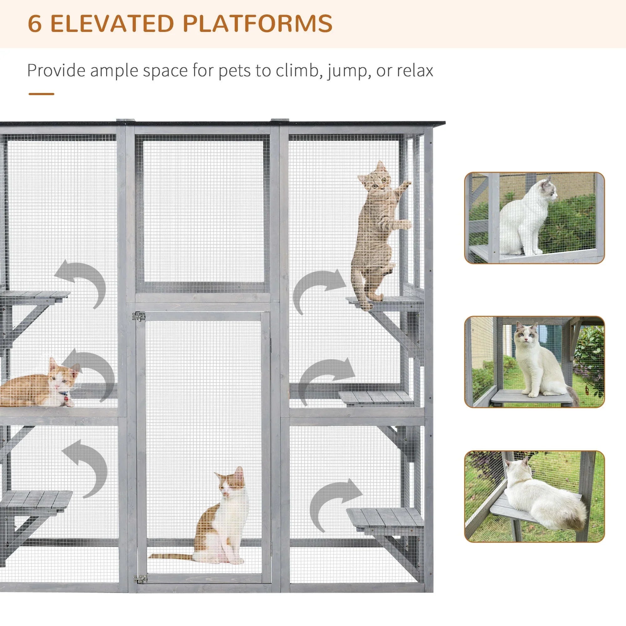 PawHut Wooden Catio Enclosure with Weather Protection, 6 Platforms, Outdoor, Large, 71" x 38.5" x 71"