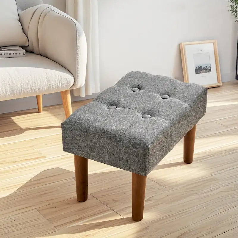 Set of 2 Small Linen Foot Stools with Legs - Rectangle Upholstered Ottoman Footrests