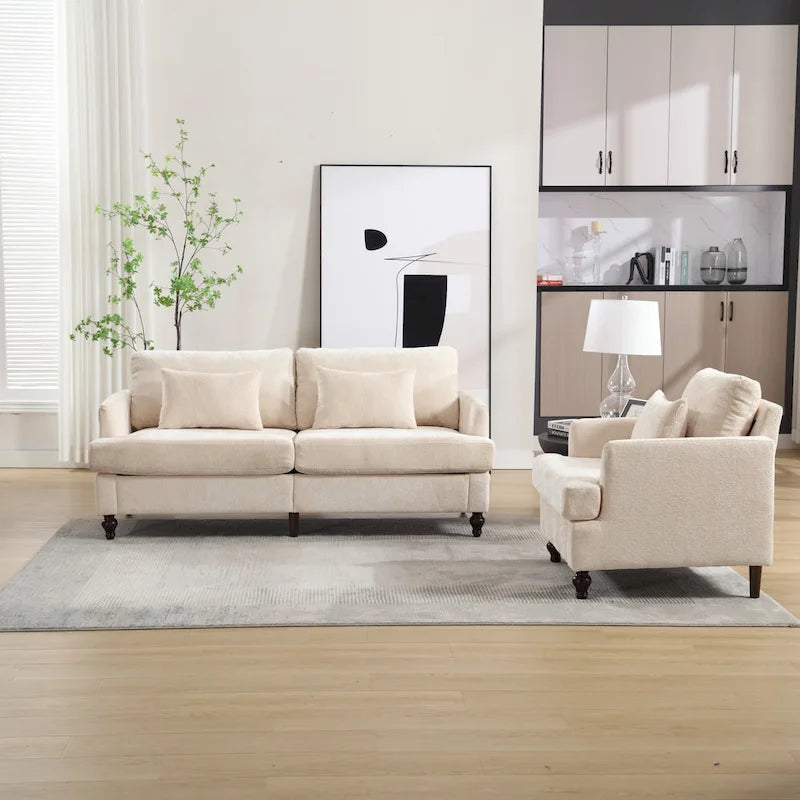 HOMEFUN Chenille Upholstered Loveseat and Armchair Set with Wooden Frame for Living Room