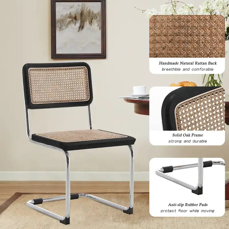 Set of 2 Upholstered Natural Rattan Dining Chairs - Armless Accent Side Chairs for Kitchen