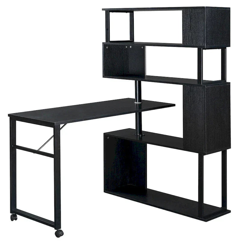L-Shaped Corner Computer Desk with Rotating Features and 5-Tier Bookshelf for Home Office