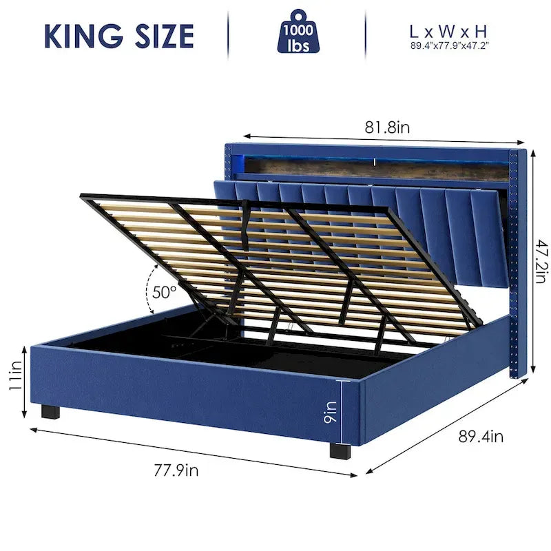King Size Velvet Gas Lift Storage Bed with LED RF Lights and Storage Headboard