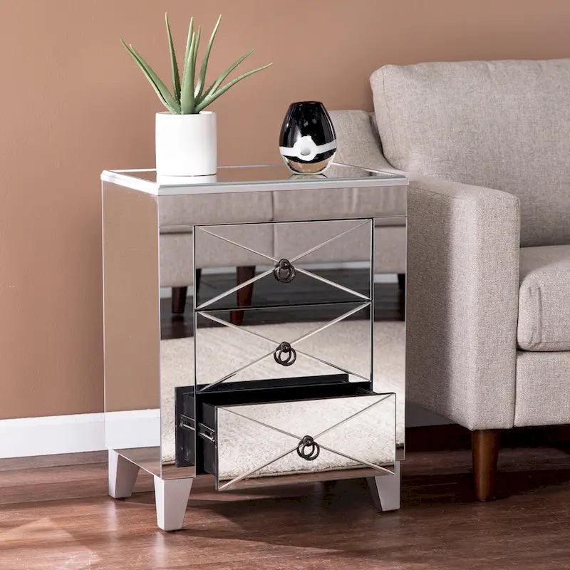 SEI Furniture Churchill Mid-Century Modern Mirrored Side Table with Storage Compartment