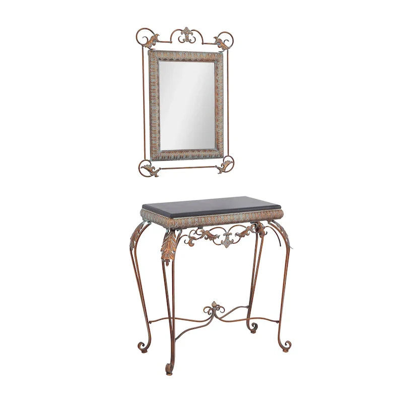 Set of 2 Bronze Metal Leaf Console Tables with Mirrors and Scrolled Legs - Roche River Decor - Dimensions: 1W x 23L x 32H