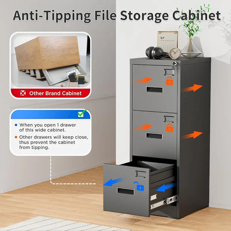 Metal Locking File Cabinet with 3 Drawers for Home Office