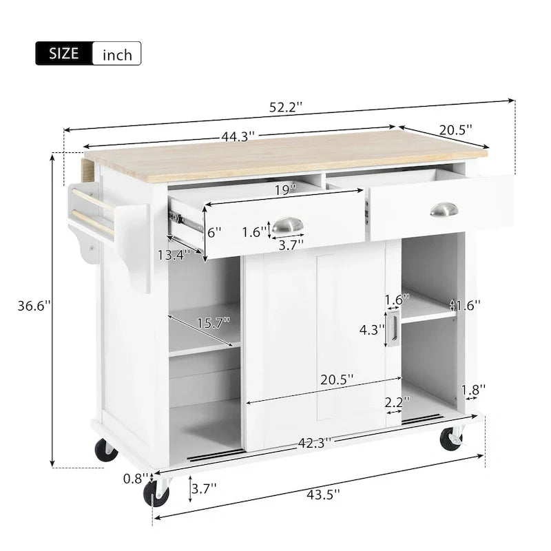 Kitchen Cart with Rubber wood Drop-Leaf Countertop, Concealed sliding barn door adjustable height,Kitchen Island on 4 Wheels