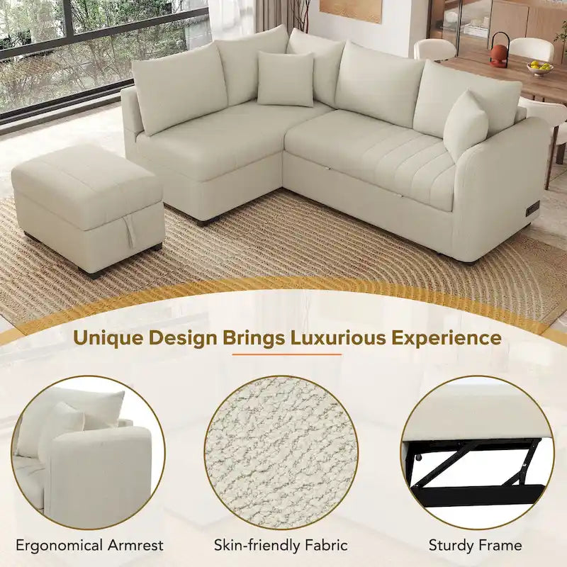 Sectional Sofa Bed with Storage Ottoman USB Ports and Pull Out Design