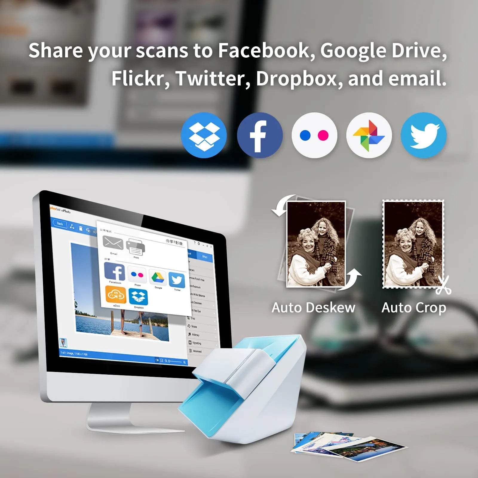 Plustek Photo Scanner, 4x6 Photo in 2sec, Auto Crop and Deskew CCD Sensor