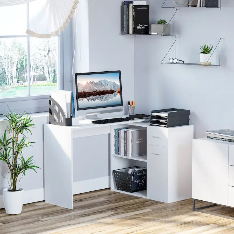 HOMCOM L-Shaped Corner Computer Desk with Rotating Storage Shelves and Drawer for Home and Office Workspaces