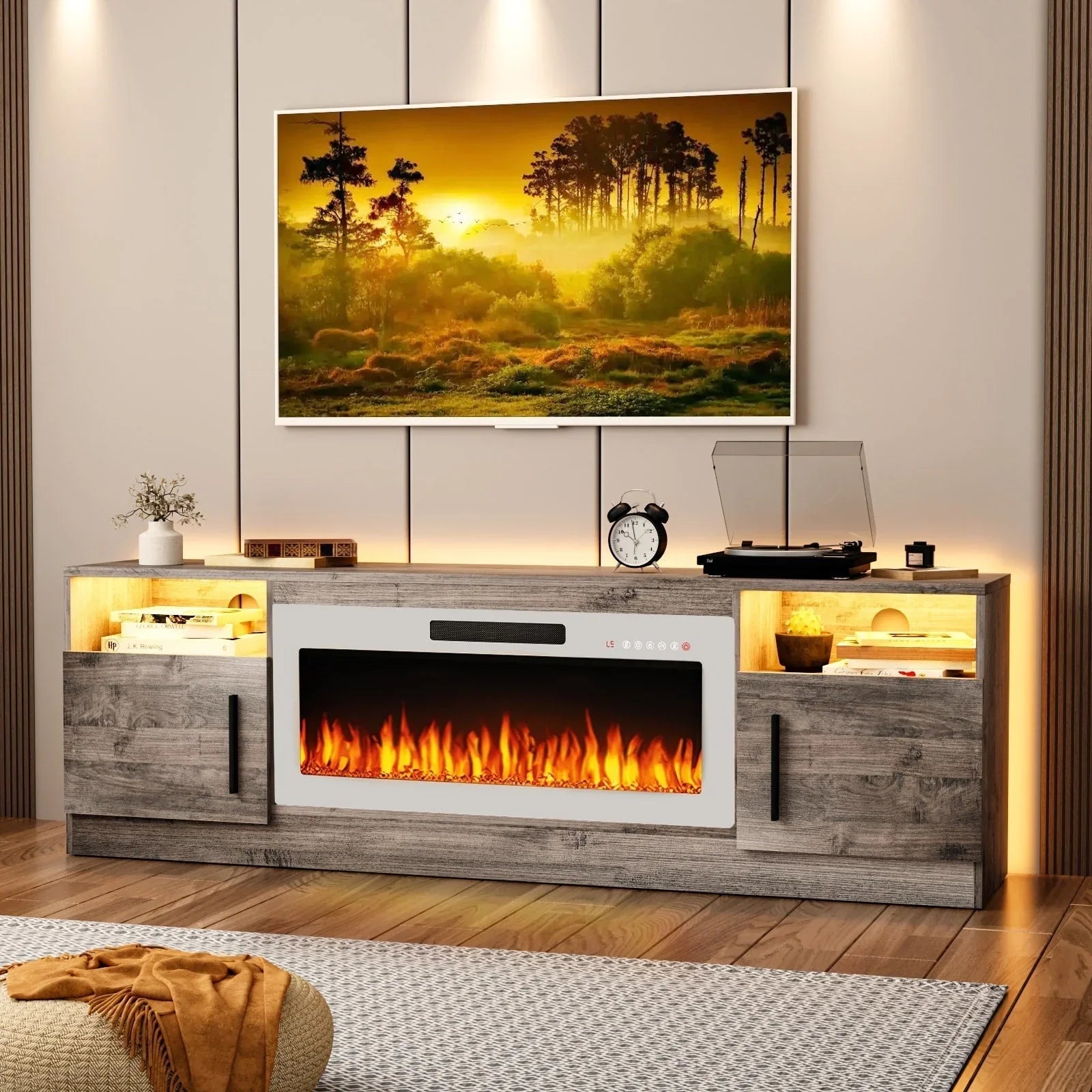Bossin 70 Fireplace TV Stand with 36 Electric Fireplace, TV Stand for TVs Up to 80, 16 Colors LED Lights/Entertainment Center