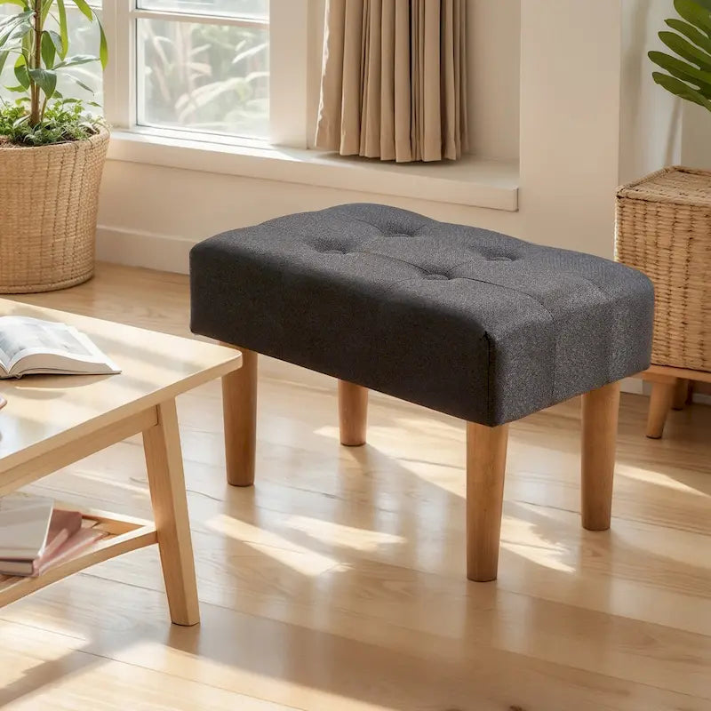 Set of 2 Small Linen Foot Stools with Legs - Rectangle Upholstered Ottoman Footrests