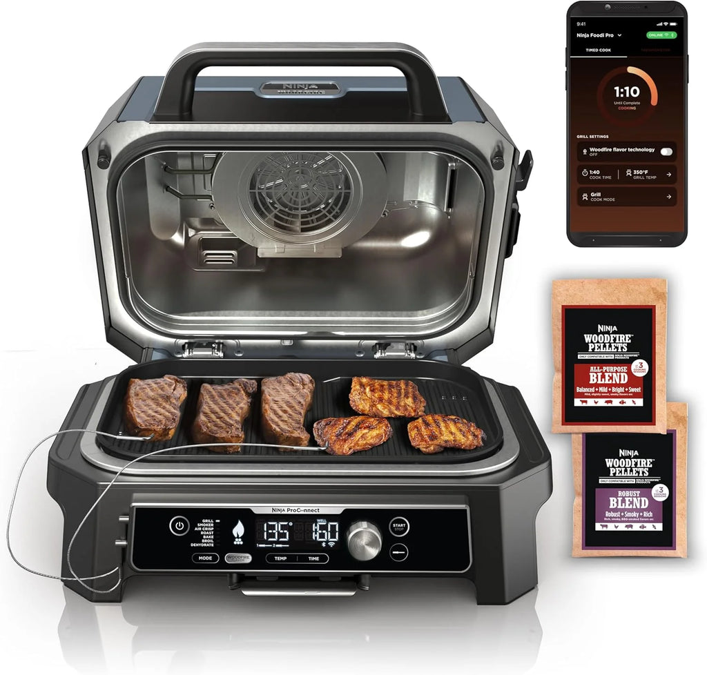 Ninja, Woodfire Pro XL Outdoor Grill & Smoker, Thermometer, 4-in-1 Master Grill, BBQ Smoker, Outdoor Air Fryer, Bake, Portable, Electric Grill, Dark Grey, OG850