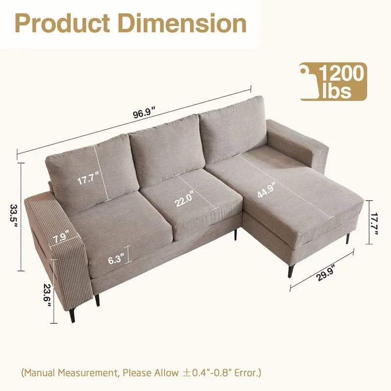 HOOOWOOO L-Shaped Upholstered Sofa with Stylish Metal Legs