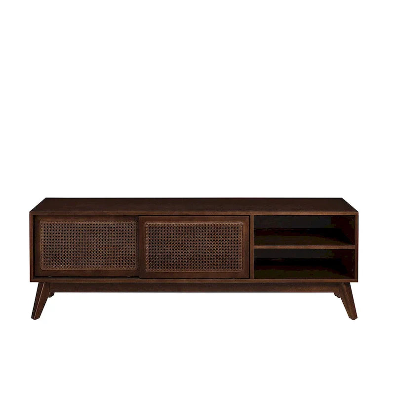 Mid Century TV Stand with Rattan Sliding Doors and Open Shelves