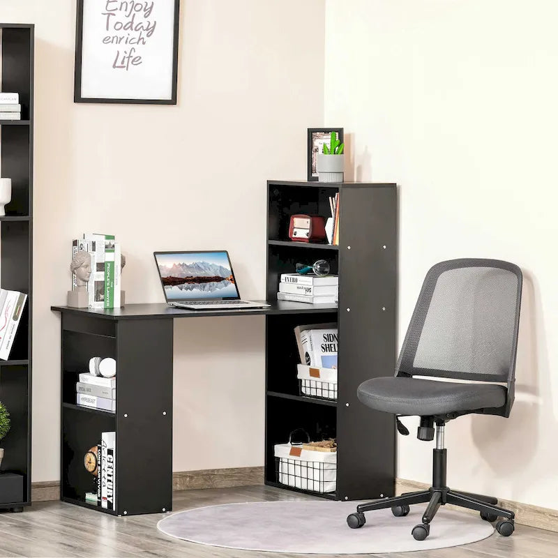 HOMCOM Modern Compact Computer Desk with 6-Tier Storage Shelves - Writing Table Workstation with Integrated Bookshelf for Home Office