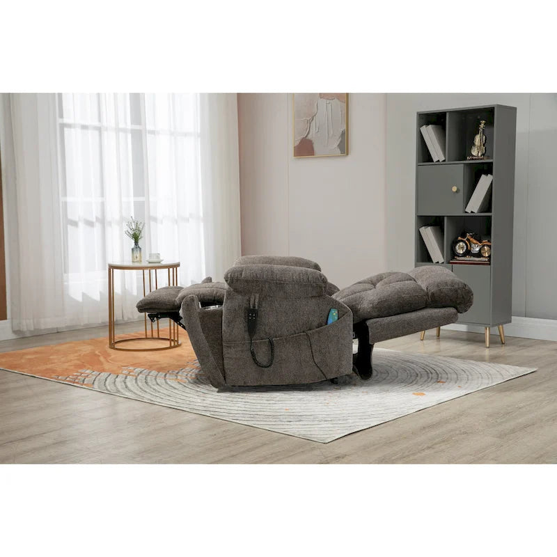Gray Chenille Power Lift Recliner with Massage and Concealed Cup Holder