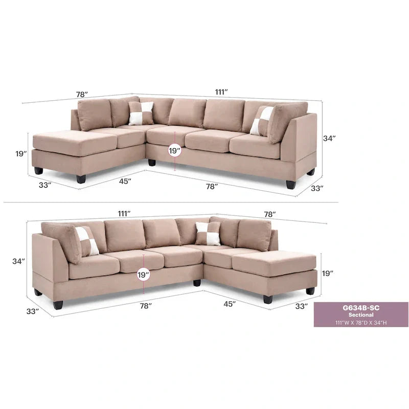 Malone 111-Inch Suede 4-Seater Sectional Sofa with Two Throw Pillows - Dimensions: 111L x 78W x 34H