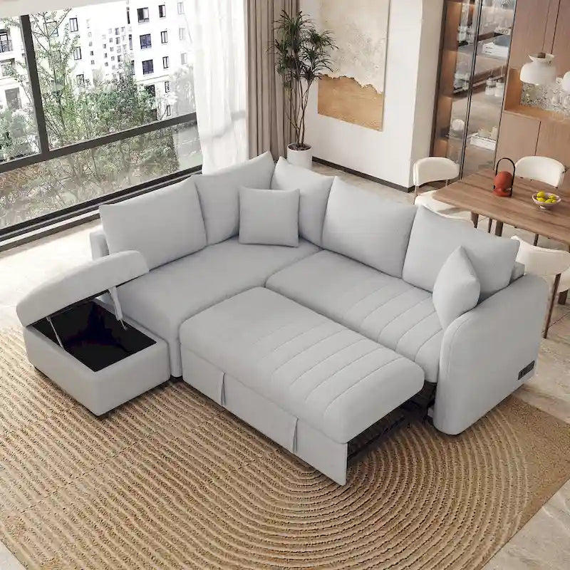 Sectional Sofa Bed with Storage Ottoman USB Ports and Pull Out Design