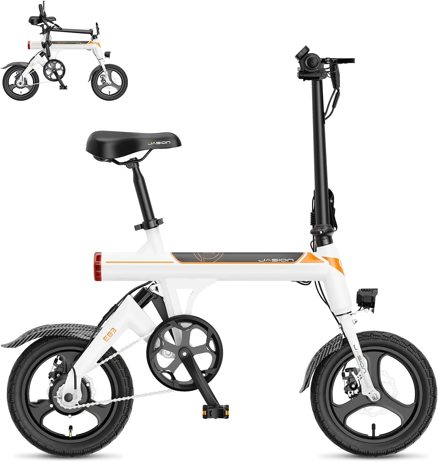 Jasion EB3 Electric Bike Adults 21mph, 500W Peak Motor, 270Wh Battery, Rear Suspension, 3 Levels Assist, 14&prime;&prime; Folding Ebike for Adults and Teens, Complies to UL2849