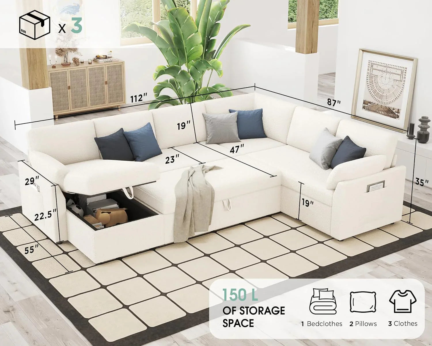 VanAcc Sofa Bed, Sleeper Sofa with Storage Chaise 2 in 1 Pull Out Couch Living Room