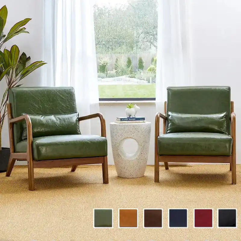 Glitzhome Set of 2 Mid-Century Modern PU Leather Accent Chairs - 30.75H with Cushions (25.75W x 33.75D)