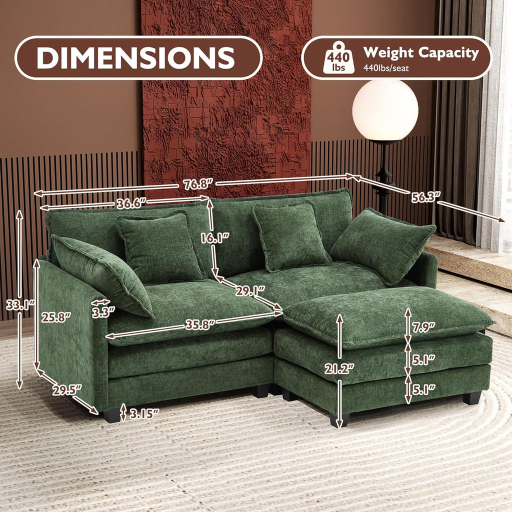 Ihanherry 146" U-Shaped Modern Sofa Modular Sectional Cloud Couch with 2 Ottoman, 6-Seat Chenille Deep Seat Sofa with 6 Pillows for Living Room, Bedroom and Apartment, Grey