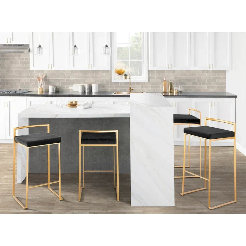 Set of 2 Stackable Gold Bar Stools with Silver Orchid Forest Finish