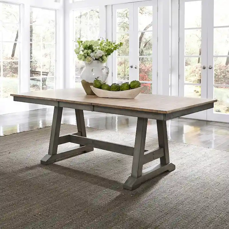 Lindsey Farm 7-Piece Trestle Table Set in Gray and Sandstone