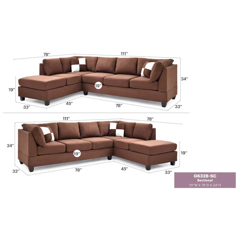 Malone 111-Inch Suede 4-Seater Sectional Sofa with Two Throw Pillows - Dimensions: 111L x 78W x 34H