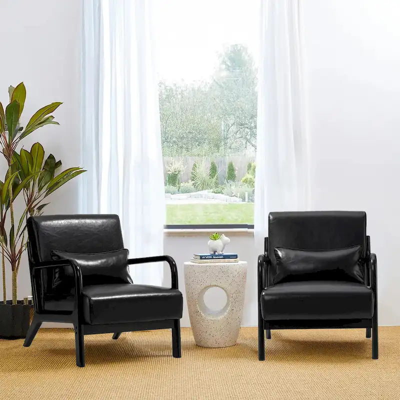 Glitzhome Set of 2 Mid-Century Modern PU Leather Accent Chairs - 30.75H with Cushions (25.75W x 33.75D)
