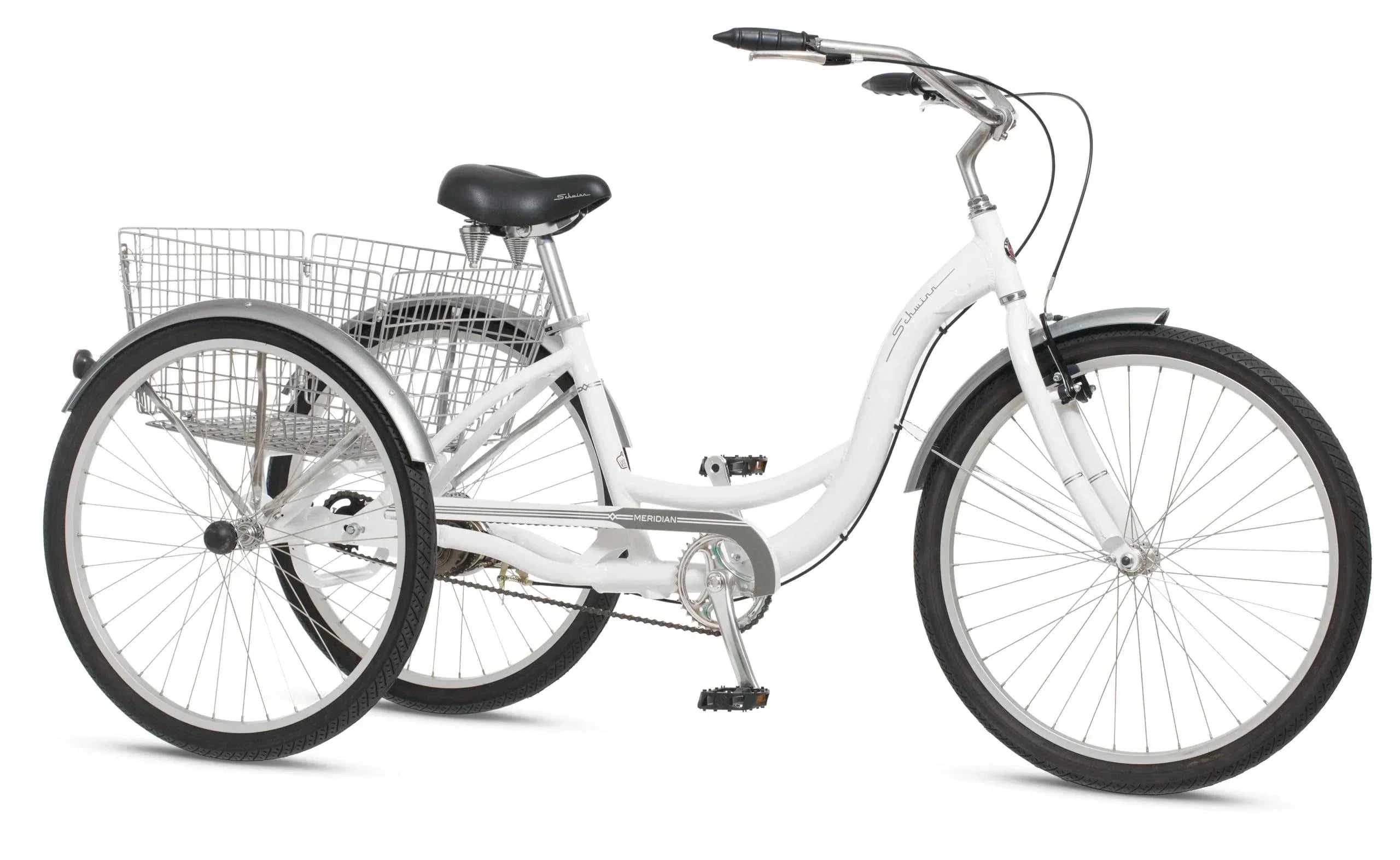 2025 Schwinn Meridian Adult Tricycle, Men's and Women's Beach Cruiser, 26-inch Wheels, Low Step-Through, Wide Saddle, Folding Rear Basket.