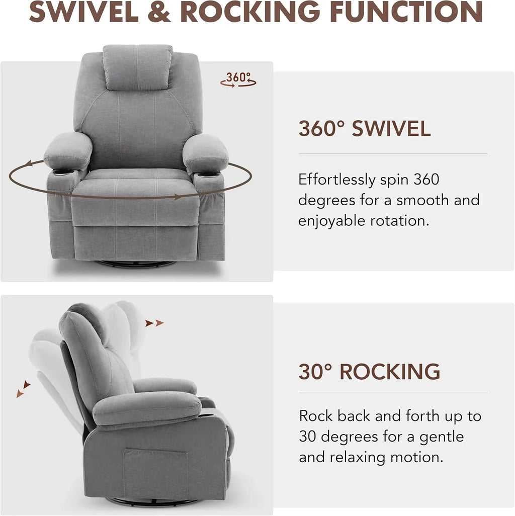 Oversized Swivel Rocker Recliner Chair with Heat and Massage, 360 Degree Swivel Rocking Single Sofa with Cup Holders and USB Port, Large Big Recliner Chair for Living Room (Leather, Brown)