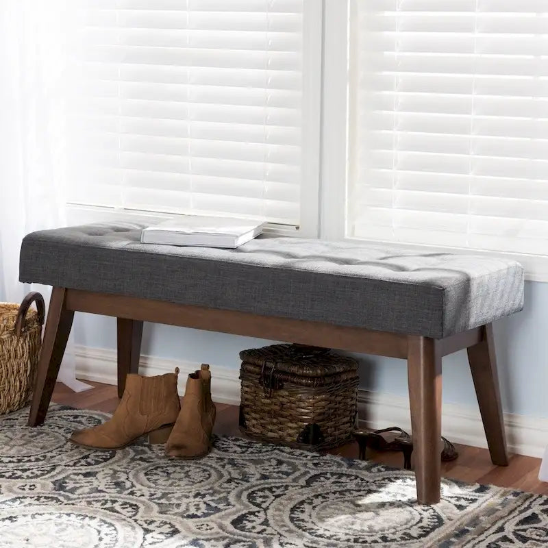 Mid Century Upholstered Bench with Tufted Seat and Wooden Legs