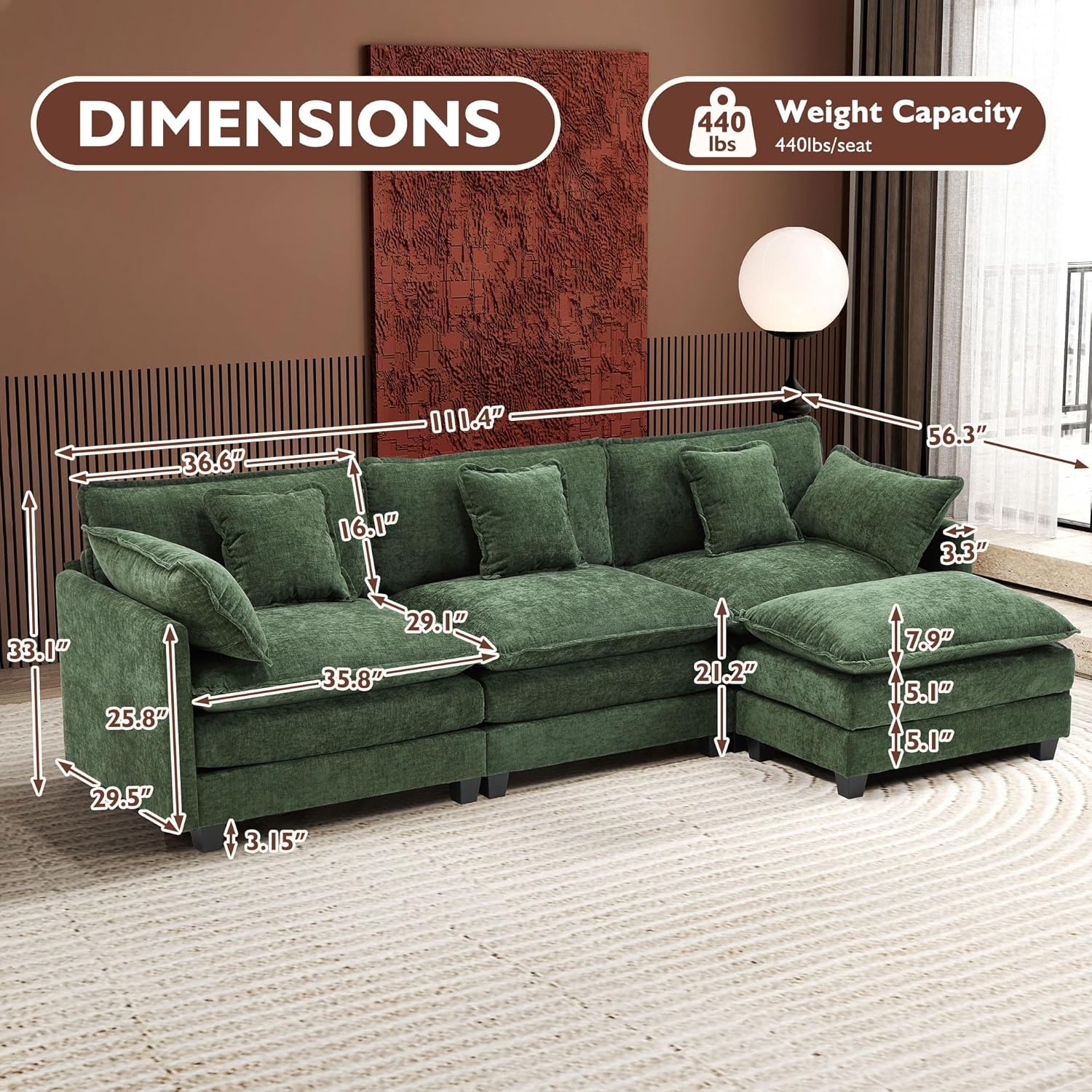 Ihanherry 146" U-Shaped Modern Sofa Modular Sectional Cloud Couch with 2 Ottoman, 6-Seat Chenille Deep Seat Sofa with 6 Pillows for Living Room, Bedroom and Apartment, Grey