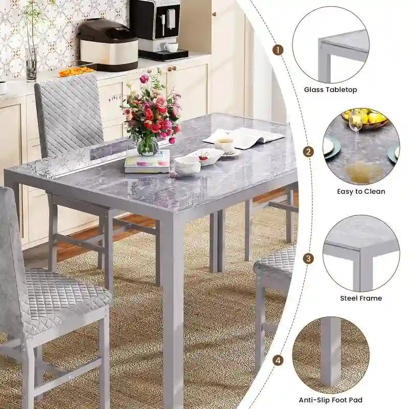 Grondin Contemporary 5-Piece Dining Set with Tempered Glass Table and 4 Diamond-Stitched PU Leather Chairs