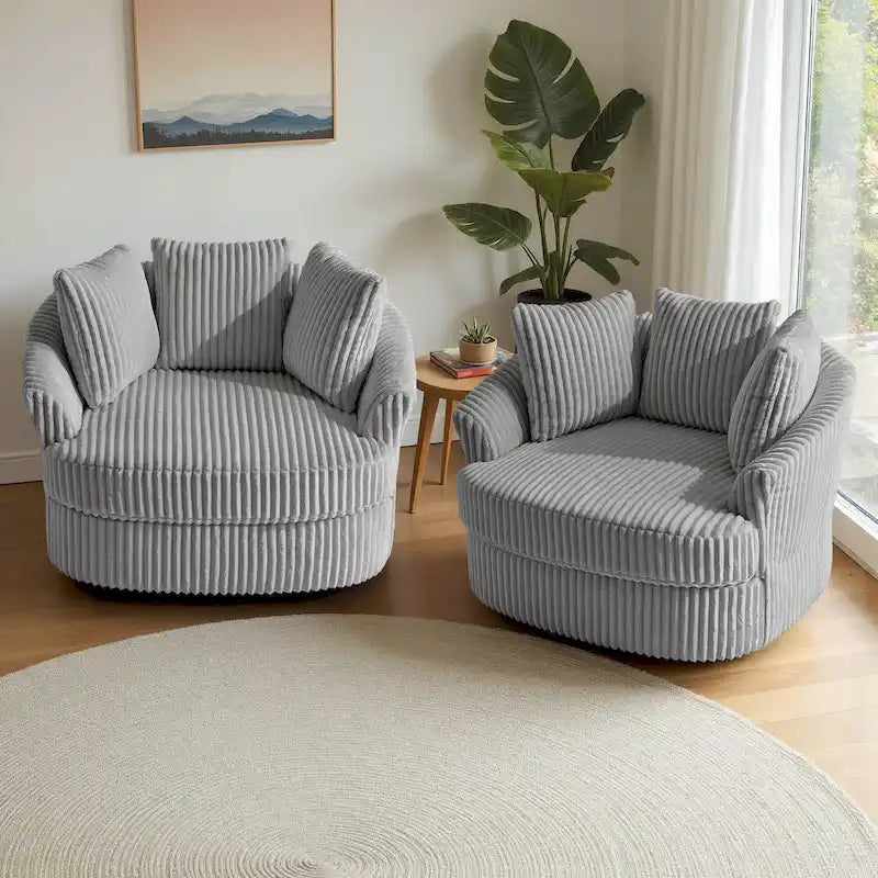 Set of 2 Oversized 43" Plush Corduroy Swivel Barrel Chairs with Cushions