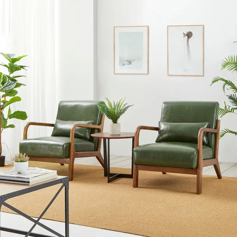 Glitzhome Set of 2 Mid-Century Modern PU Leather Accent Chairs - 30.75H with Cushions (25.75W x 33.75D)