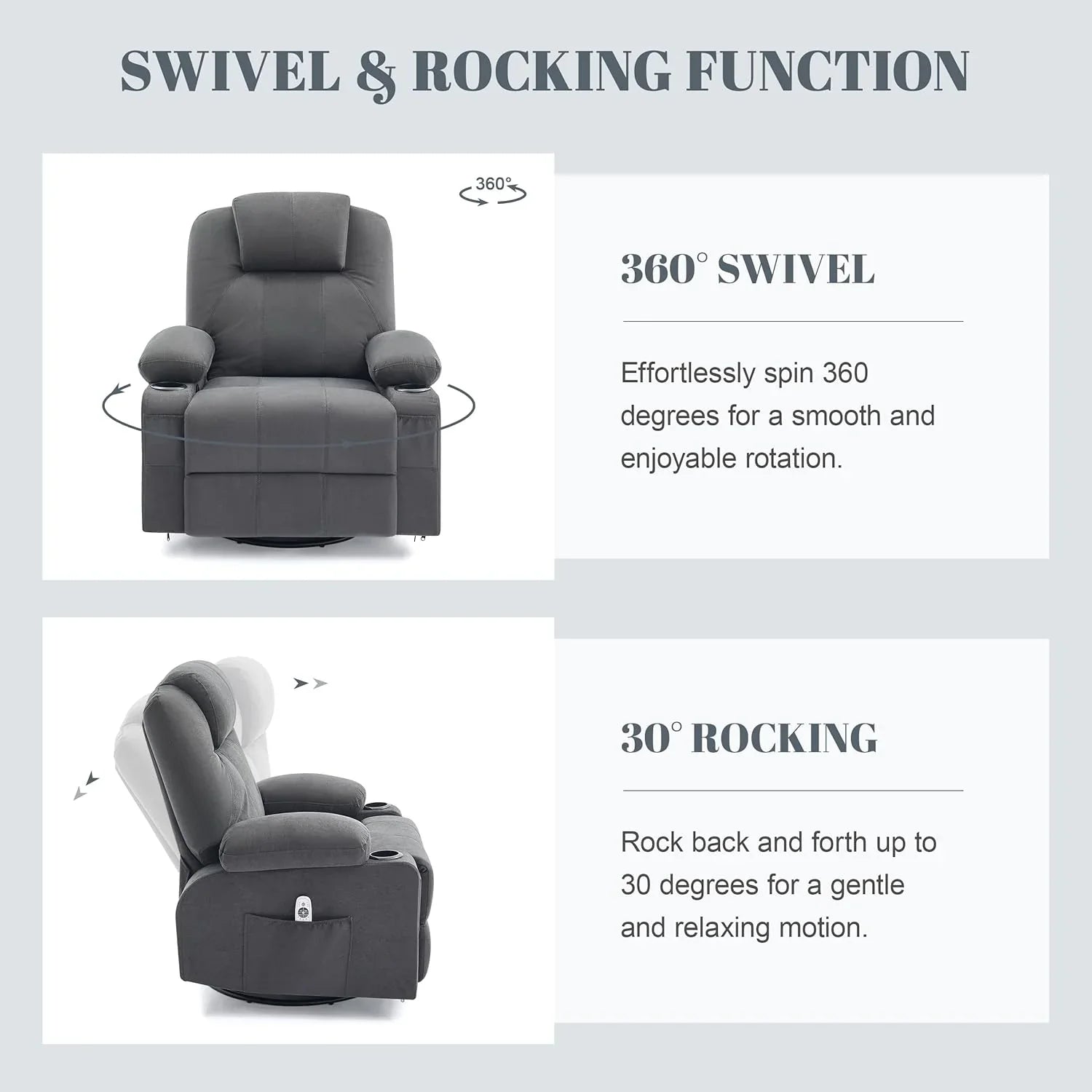 Oversized Swivel Rocker Recliner Chair with Heat and Massage, 360 Degree Swivel Rocking Single Sofa with Cup Holders and USB Port, Large Big Recliner Chair for Living Room (Leather, Brown)