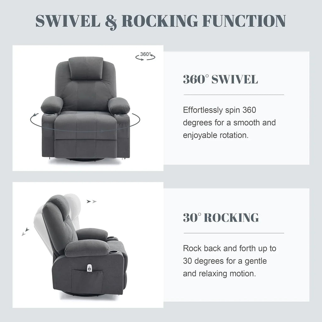 Oversized Swivel Rocker Recliner Chair with Heat and Massage, 360 Degree Swivel Rocking Single Sofa with Cup Holders and USB Port, Large Big Recliner Chair for Living Room (Leather, Brown)